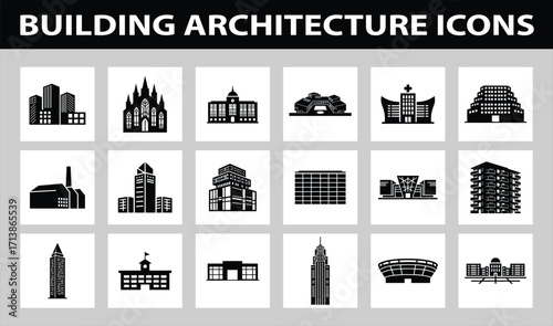 Building architecture icon set with city hall hospital school library museum and skyscraper