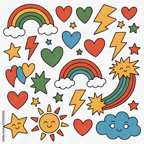 Whimsical Retro-Inspired Illustrations Featuring Rainbows, Hearts, Stars, Lightning Bolts, and Smiling Suns, Perfect for Various Design Projects