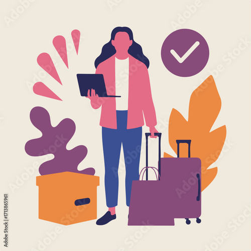 Young female traveler finalizing her moving and travel plans online. Flat vector concept for digital booking, relocation services, and successful preparation