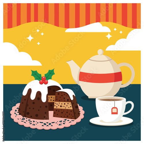 Christmas Pudding Tea and Teapot Festive Holiday Illustration
