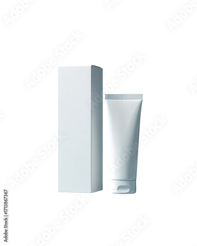 Blank product packaging  a light-gray box and tube.  Cosmetic containers