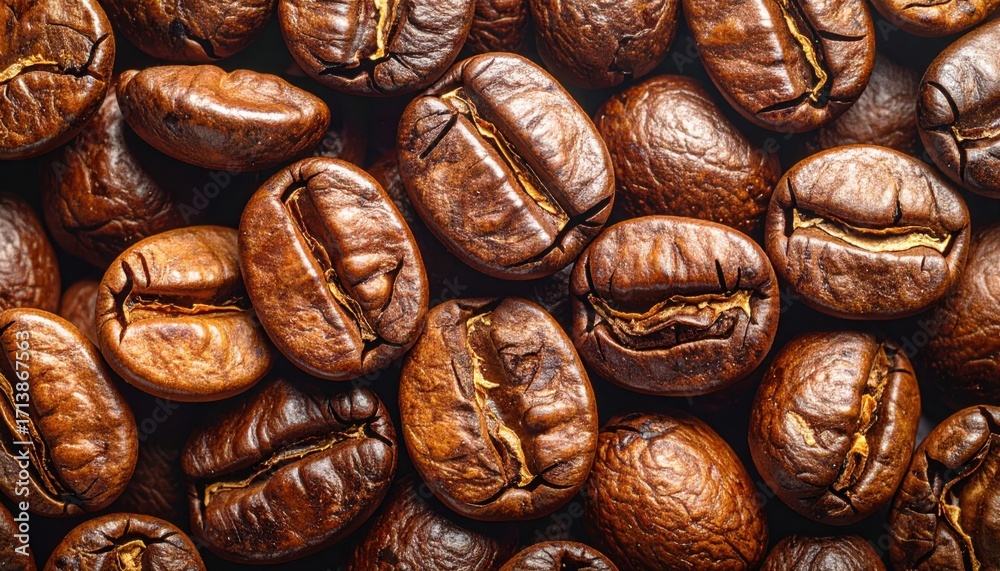 Obraz premium Roasted coffee bean wall minimal sheen with top copy area representing coffee texture suitable for cafe branding menu and packaging