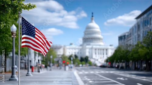 Capitol Building Dome View with American Flag on Constitution Avenue in Washington DC During Day with Trees and Sidewalk