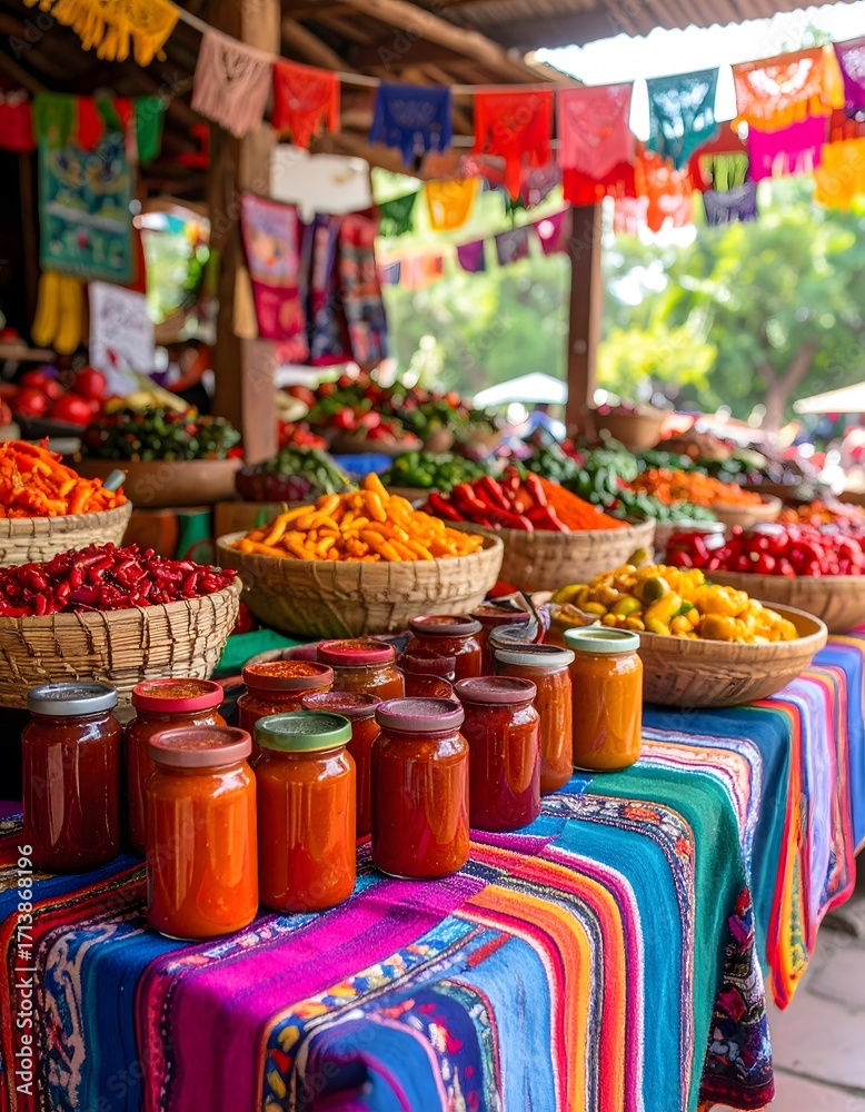 Fototapeta premium Vibrant Mexican Market Display: Peppers, Sauces, and Festive Banners