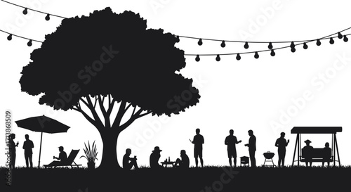 Silhouette outdoor picnic scene under large tree, people socializing, cooking, relaxing, campfire gathering, festive string lights, summer evening leisure, community event, family friends celebration
