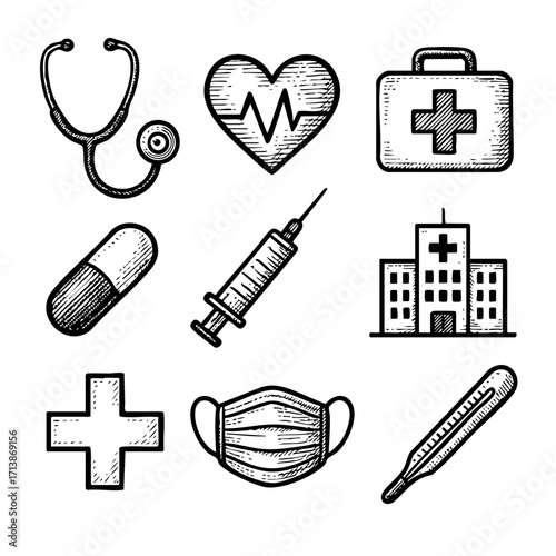 Set of 9 Different Health Icons in Hand-drawn Engraved Vector Style, Black on White Background.