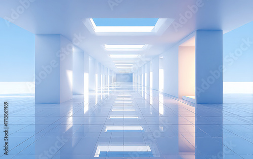 Modern and Bright Corridor with Ceiling Lights and Reflective Floors