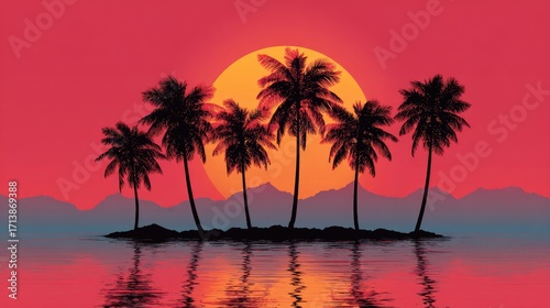 Silhouette of palm trees on a small island at sunset, reflected in calm water with a large orange sun and distant mountains