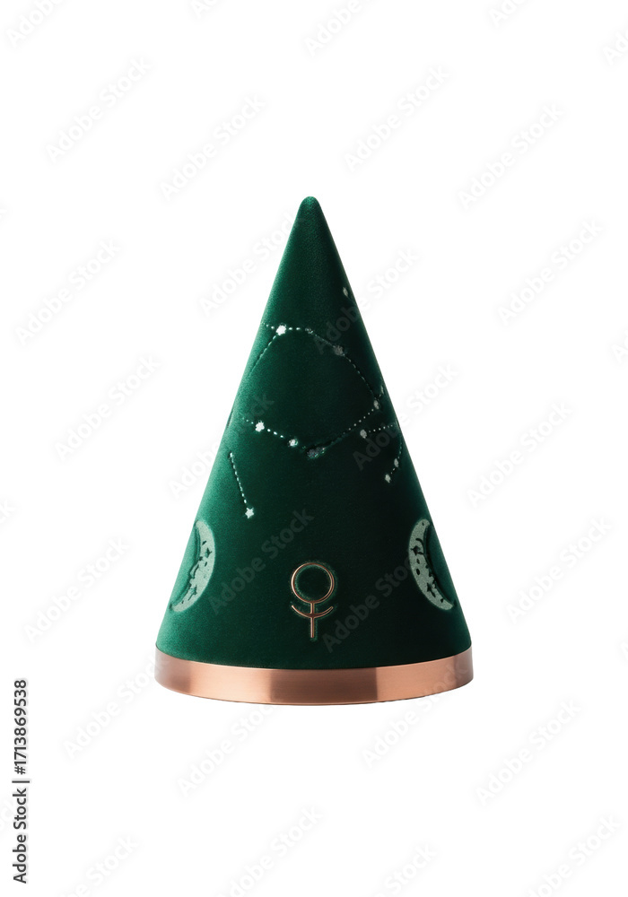 Fototapeta premium Deep forest green velvet-flocked cone hat with metallic copper band, debossed celestial motifs and stylized moon, isolated on transparent background with copy space, quiet mystical contemplation