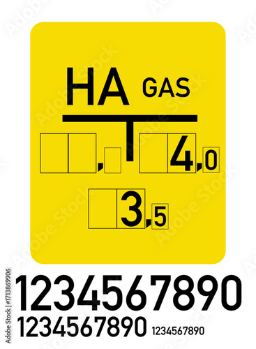 Deutsches Hinweisschild für die Kennzeichnung von Absperrschiebern in der Hausgasversorgung mit Zahlensätzen in unterschiedlichen Größen