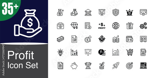 Diverse collection of profit and finance related icons for business and investment
