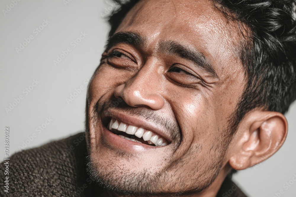 Fototapeta premium Smiling man expresses joy and happiness indoors during a bright afternoon in casual attire