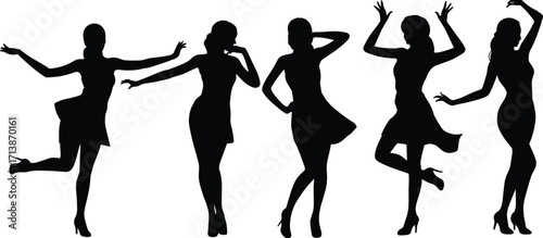 Elegant female silhouettes in high heels dancing, posing, fashion model shapes, artistic movement, stylish women figures, performance art, beauty, glamour, creative expression, black outline design