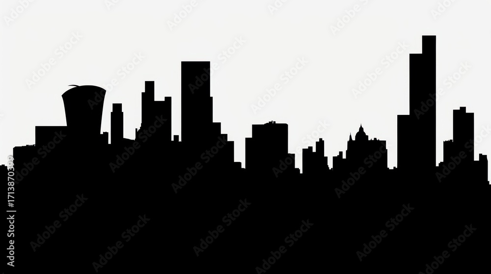 Fototapeta premium Stylized black silhouette of a modern city skyline against a light background.