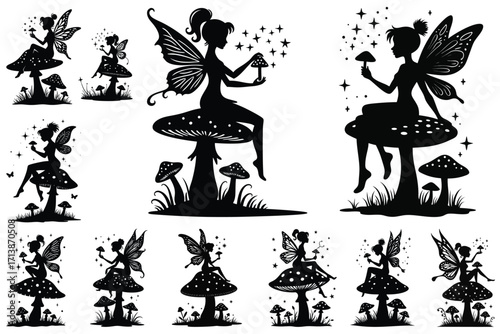 Black silhouette fairies sitting on mushrooms with stars