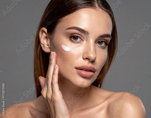Retrato en primer plano de una mujer joven modelo con una piel facial suave y saludable dándose crema rejuvenecedora sobre la piel