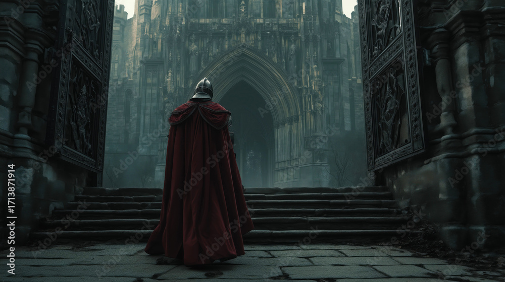 Naklejka premium Dramatic Halloween Artwork of a Headless Knight Standing Before an Eerie Castle Entrance