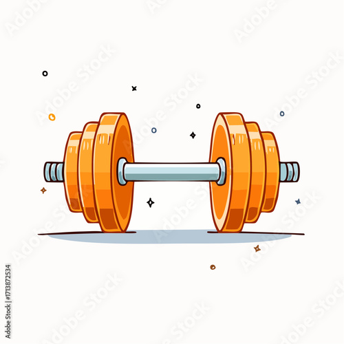 A vibrant cartoon vector illustration of an orange dumbbell with weight plates, symbolizing fitness, weightlifting, and strength training