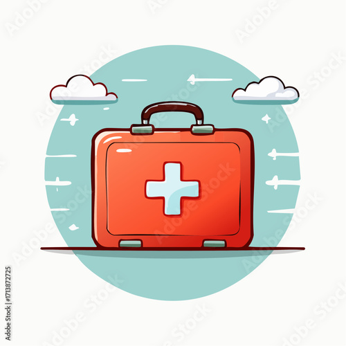 A cartoon vector flat illustration of a red first aid box with a white cross symbol. Medical emergency kit icon with bold outlines