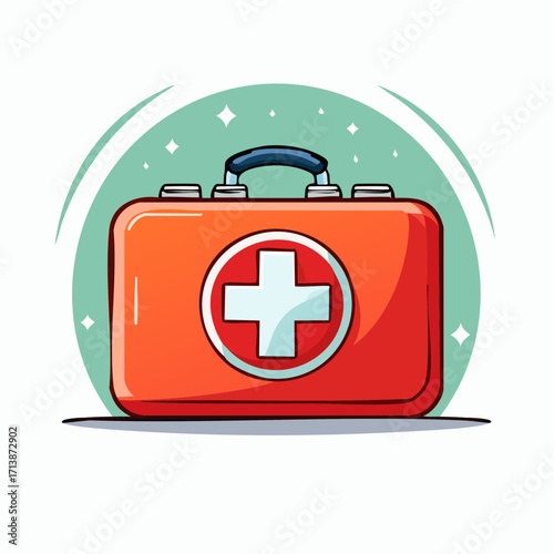 Vibrant cartoon illustration of a red first aid medical kit with a bold outline and a clean flat design style isolated on a white background