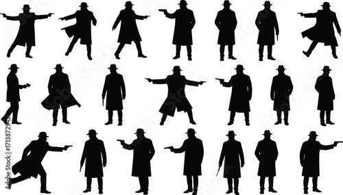 Gangster silhouette set with trench coats and firearms, noir-style vector illustration for crime, mystery, retro character design, and storytelling themes.