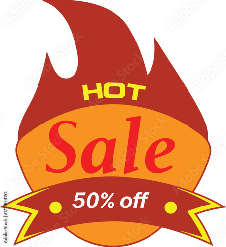 Hot sale promotion with a fifty percent off discount in a fiery graphic design.