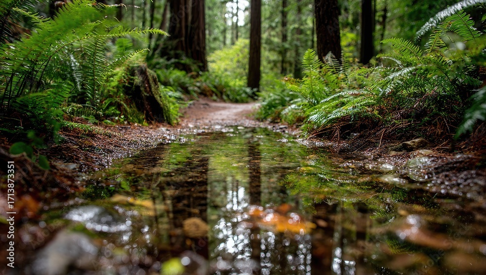 Obraz premium Forest trail puddle reflecting trees