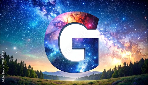 Floating 3D metallic letter G in a mountain valley with mist, pine trees, and wildflowers.