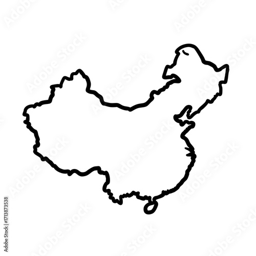 Outline of country depicting China's geographical borders. China's country borders stand out due to clean lines, against a plain background.