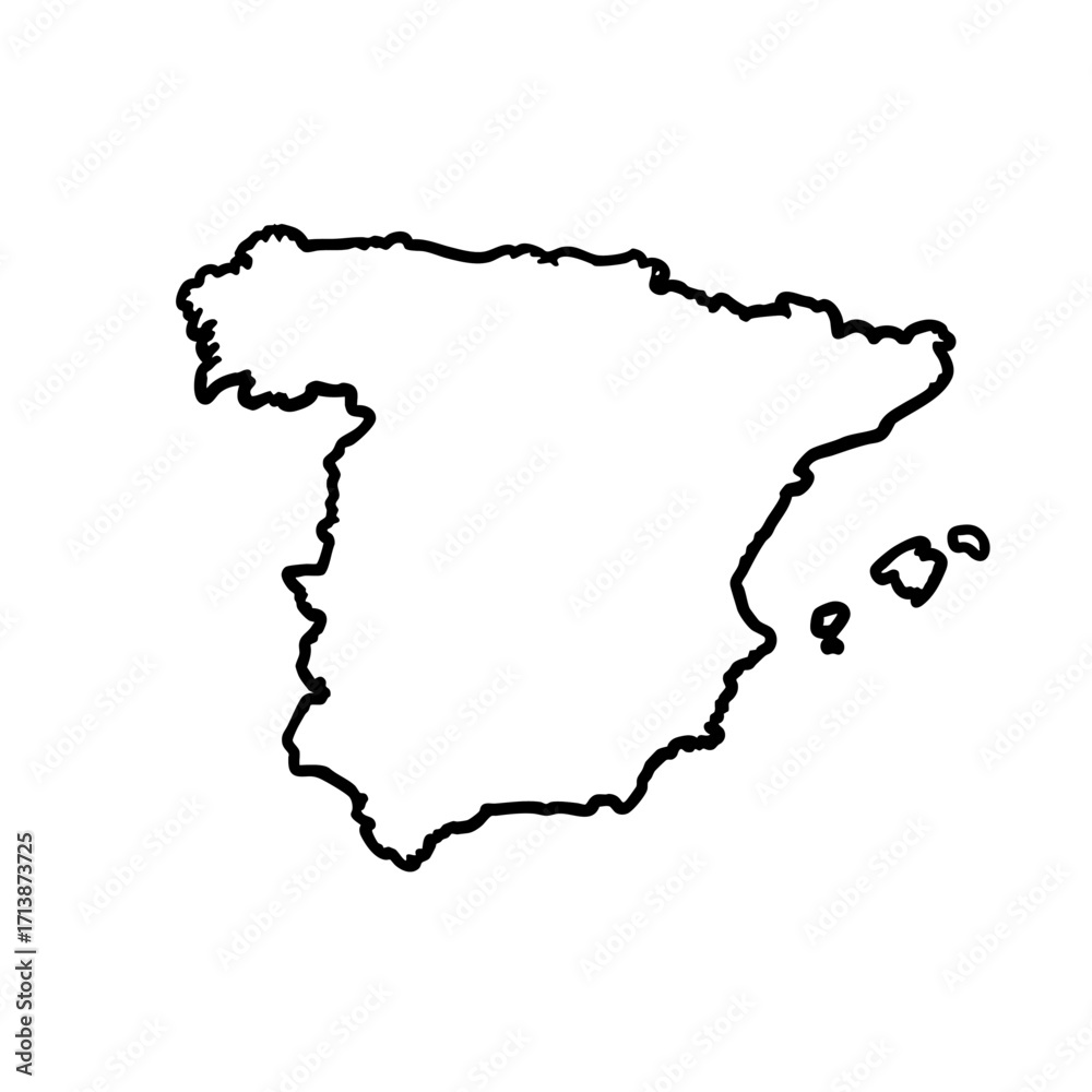 Fototapeta premium Spain outline, a simple drawing showing country outline. Spain outline, in a stark black and white illustration, evokes minimalist aesthetic and straightforward depiction,