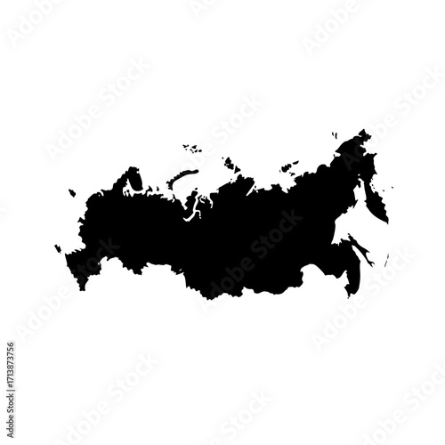 Silhouette of Russia, representing country outline in black against a white background. Country outline clearly shows Russia's geography with its varied territories.