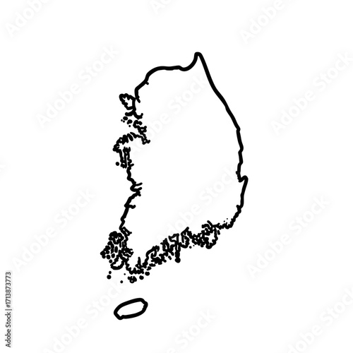 Simple country outline of South Korea against white background. Country outline shows geographical contour, minimalist design, and clean rendering.