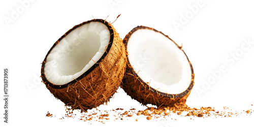 Two halves of a brown coconut with white flesh and shredded coconut pieces scattered around