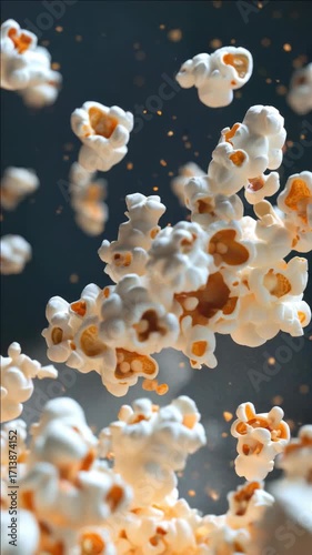 A bunch of popcorn is flying through the air. The popcorn is white and yellow