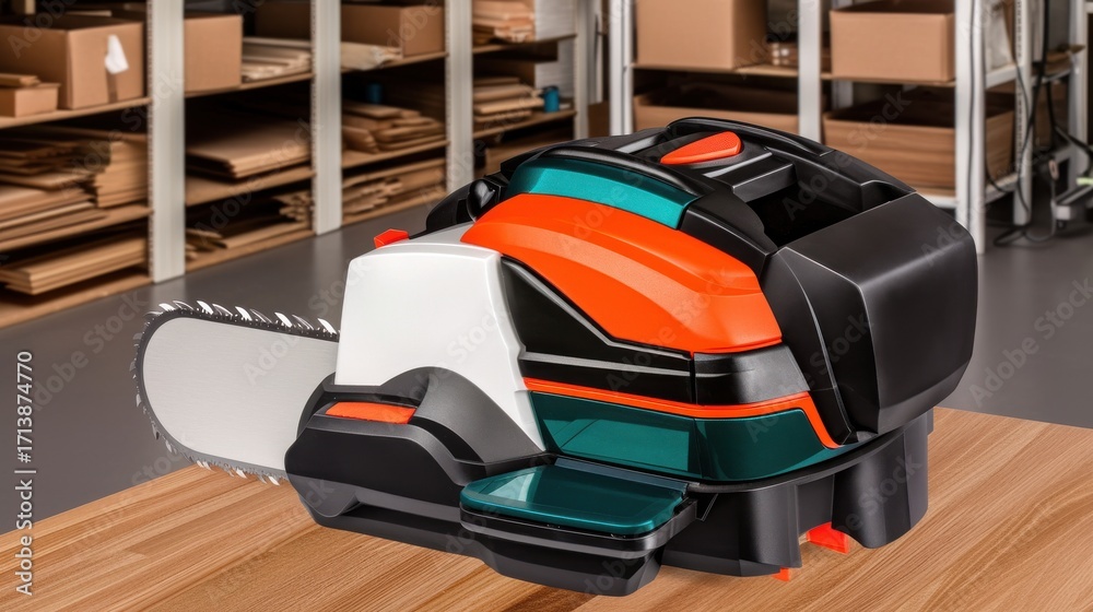 Fototapeta premium Close-up of a modern chainsaw design, showcasing innovative features and vibrant colors against a backdrop of storage boxes.