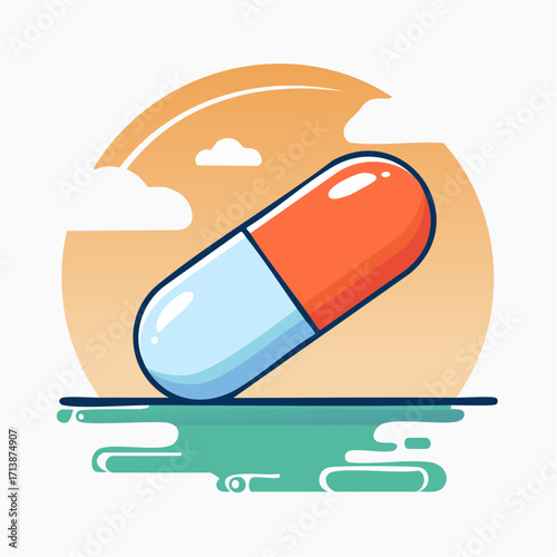 Modern flat line art illustration of a single medicine capsule. Bold outline vector graphic of a pharmaceutical tablet on a stylized background