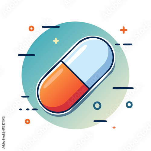 Cartoon vector flat illustration of a medicine pill capsule with a bold outline. Modern pharmacy icon on a circular background