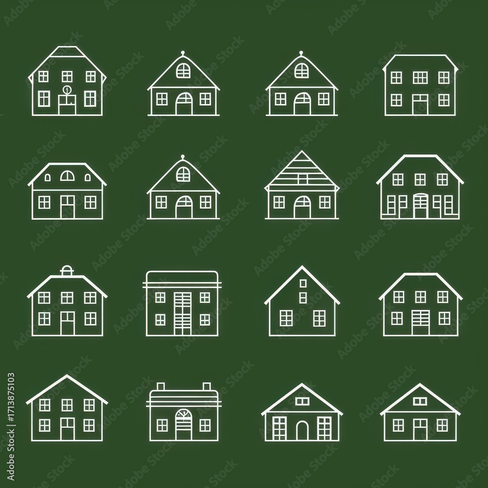 Fototapeta premium A collection of 16 simple, sketched house designs in white on a green background.