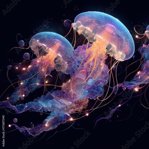 Iridescent Jellyfish Pair Illuminating Dark Ocean Depths with Magical Glow and Sparkling Trails.