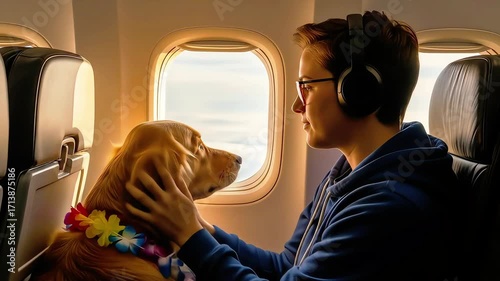 Golden Retriever Dog and Teenager Enjoying Airplane Window View with Headphones and Lei.