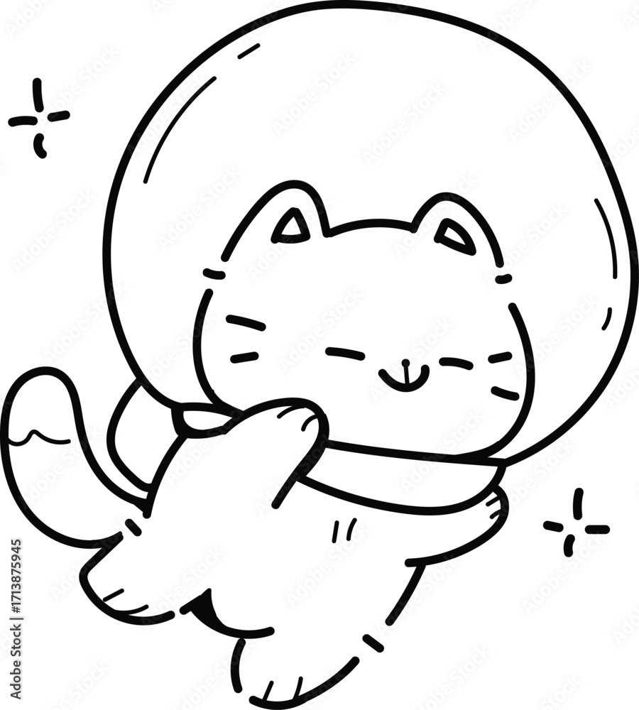 Obraz premium Adorable Smiling Cat in a Space Helmet, Floating Happily, Cute Doodle Illustration