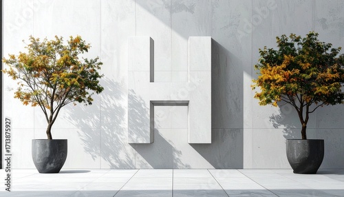 Floating 3D metallic letter H in a mountain valley with mist, pine trees, and wildflowers.