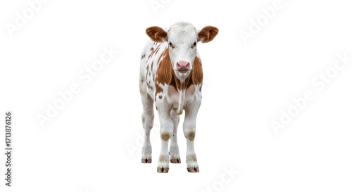 Isolated young calf stands, pale color, spotted coat, sweet, inquisitive and cute