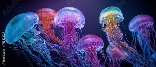 Kaleidoscopic Bloom of Luminous Jellyfish Glowing in a Vibrant Underwater Dance.