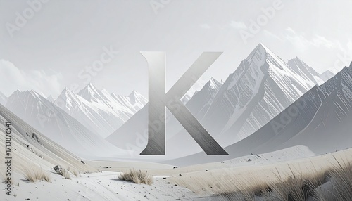 Floating 3D metallic letter K in a mountain valley with mist, pine trees, and wildflowers.