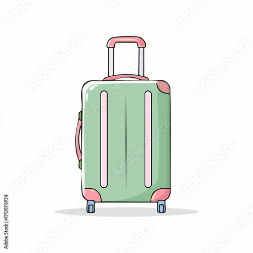 Fun doodle-style vector flat illustration of a cute green and pink travel suitcase. Casual sketch drawing of luggage for vacation or journey, isolated on a white background