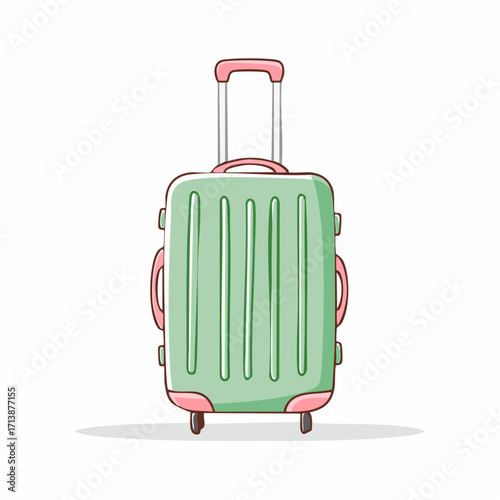 Cute green travel luggage with wheels and handle, isolated on a white background. Hand-drawn cartoon doodle vector flat illustration