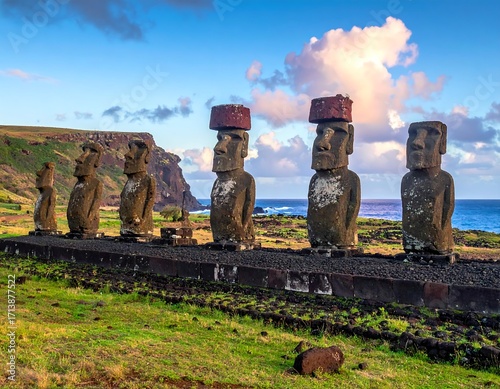 Ancient statues on a Pacific coast at dawn