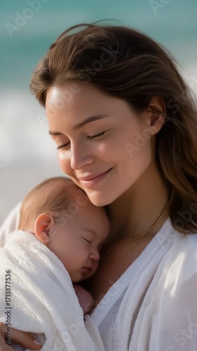 Caucasian female adult holding newborn baby at beach