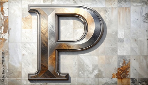 Floating 3D metallic letter P in a mountain valley with mist, pine trees, and wildflowers.